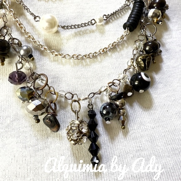 SILVER AND BLACK STONES MULTI CHARMS LAYERD NECKLACE - Picture 4 of 7